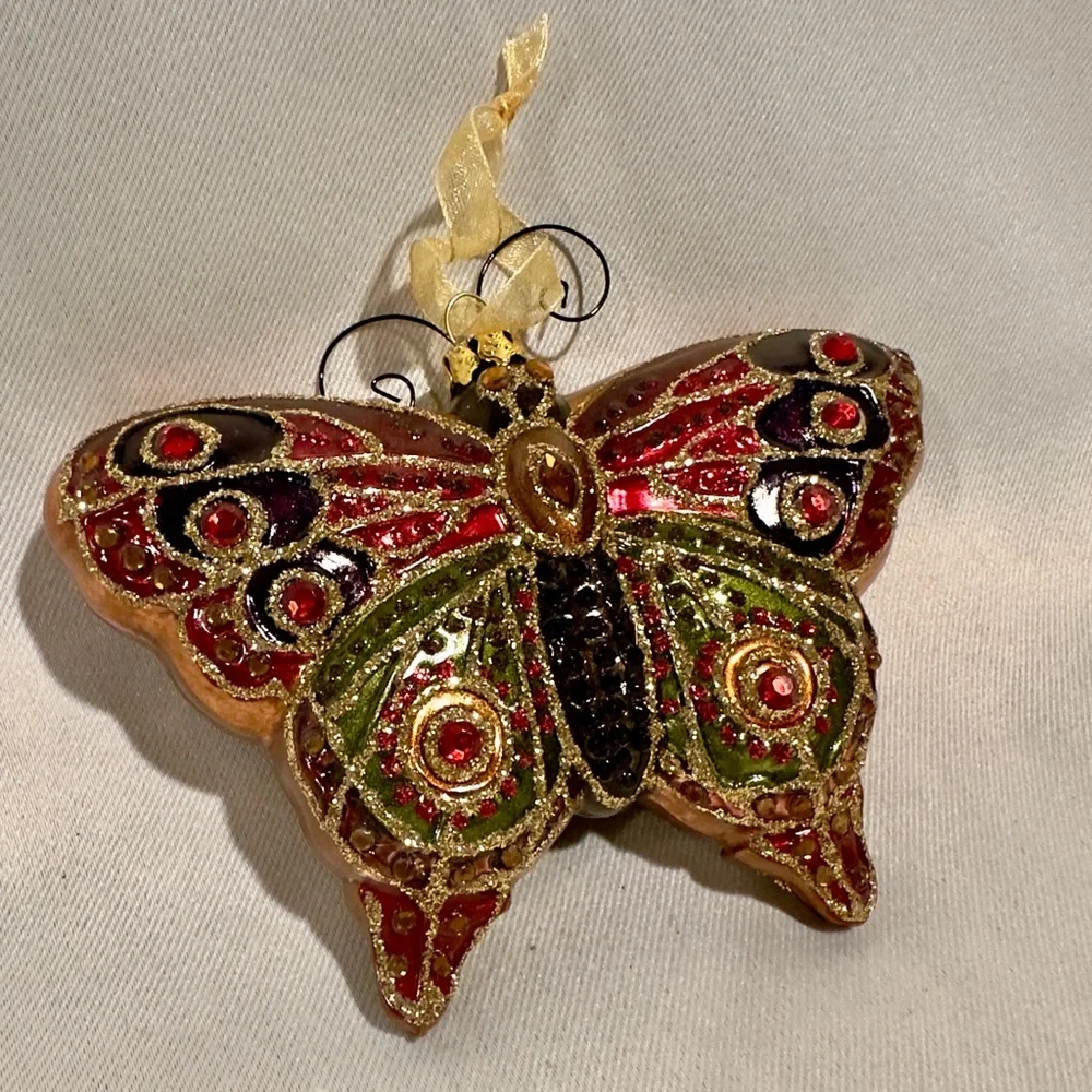 Vintage Blown Glass Butterfly Glitter Coquette Christmas Ornament